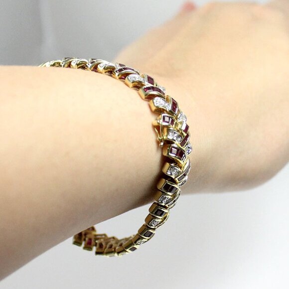 VINTAGE RUBY & DIAMOND COCKTAIL 14K YELLOW GOLD STRAP BRACELET 7 - Picture 3 of 10